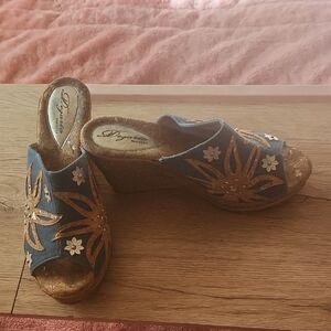 Women's Blue and Tan Wedge Sandals